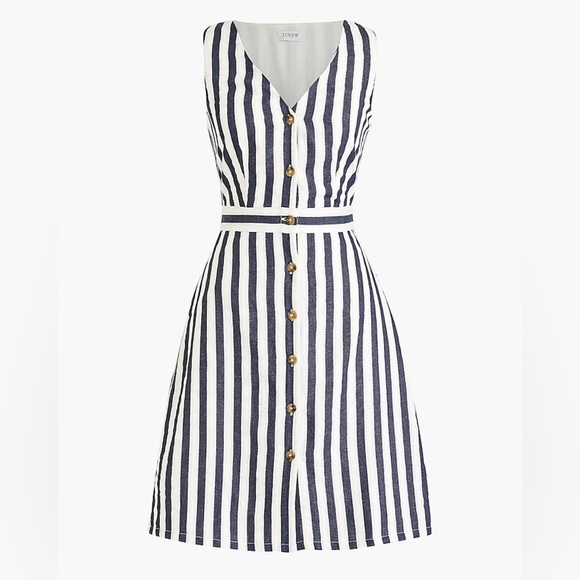 J.Crew Factory Sleeveless V Neck Button Front Striped Dress in Vintage Navy Wht - Picture 1 of 5